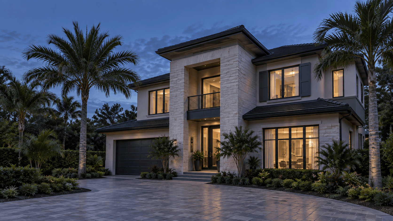 Design visualization — a modern Florida home at dusk with its exterior lighting off.