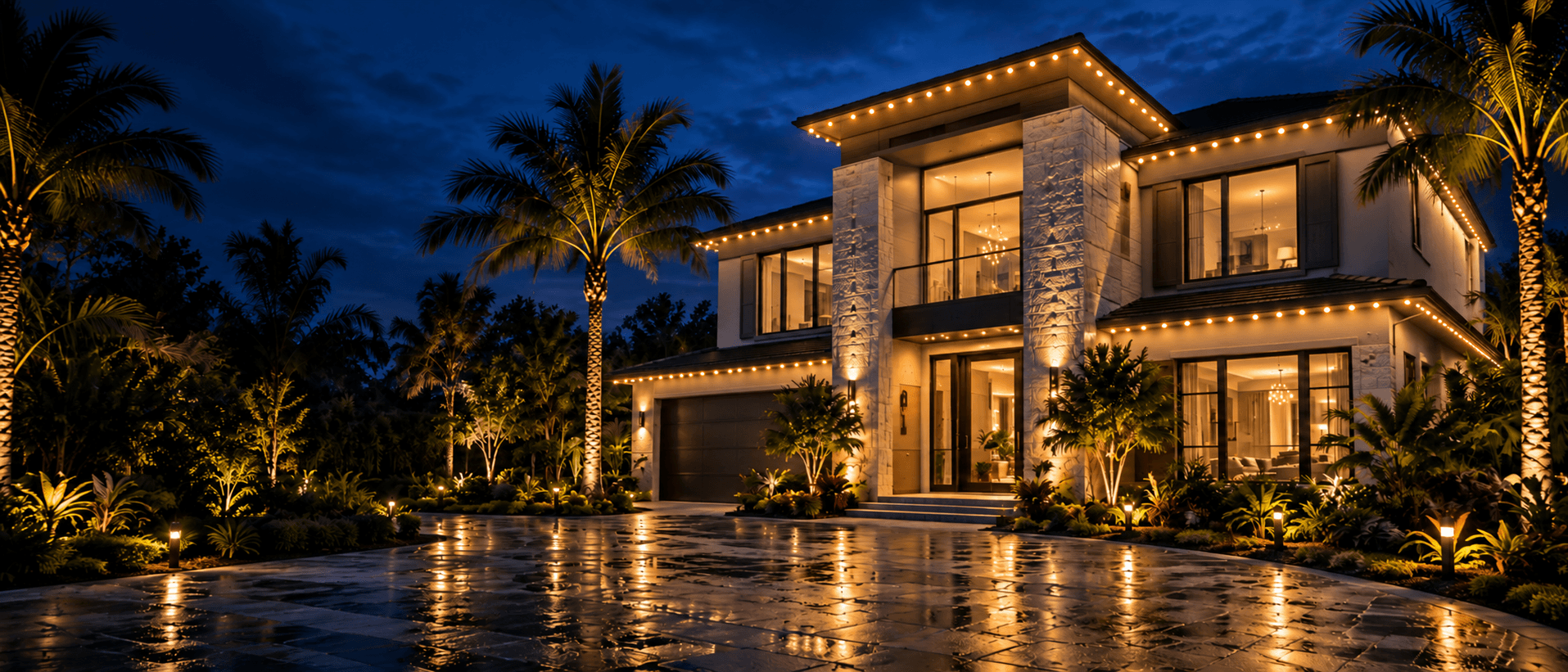 A modern Florida home at dusk — warm roofline lighting along every eave, uplit palms, and a wet paver driveway reflecting the light.