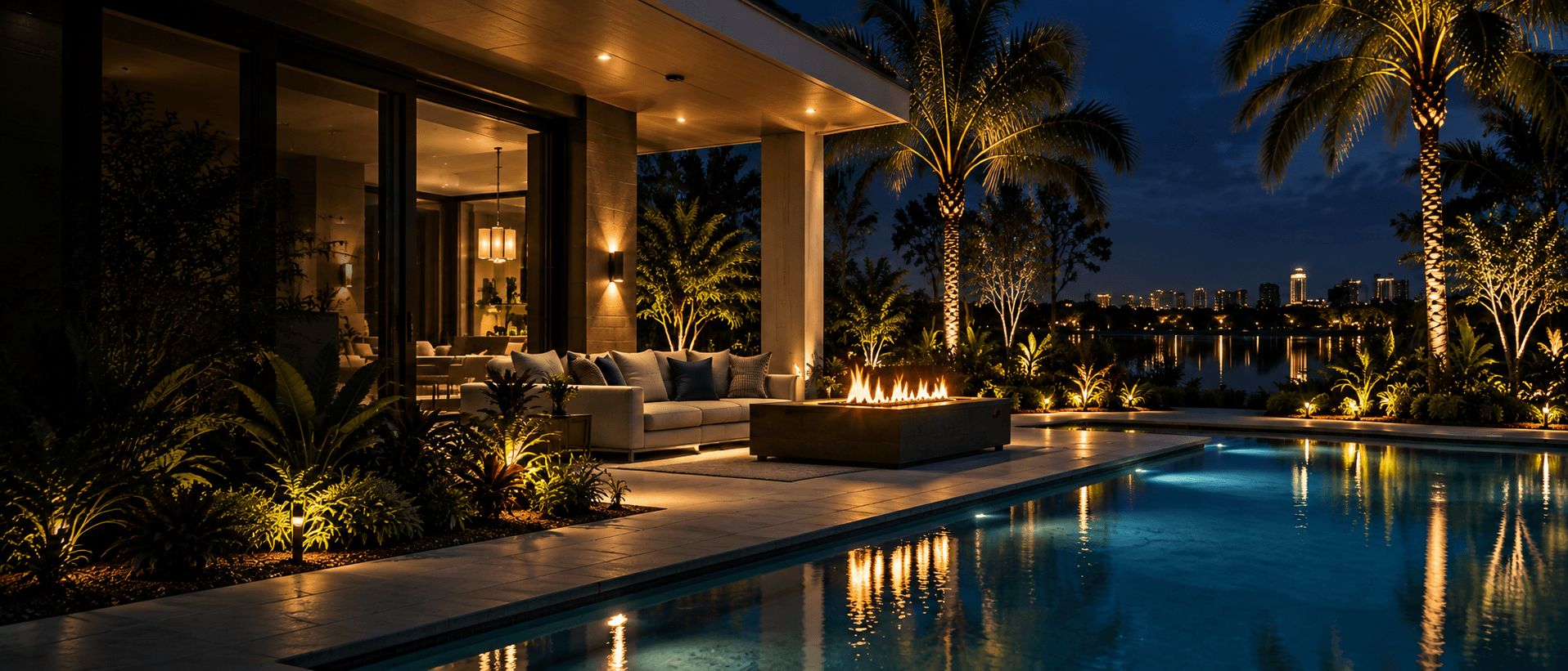 A covered outdoor living area at night — lounge seating beside a lit fire table, a pool reflecting the light, uplit palms and a city skyline across the water.