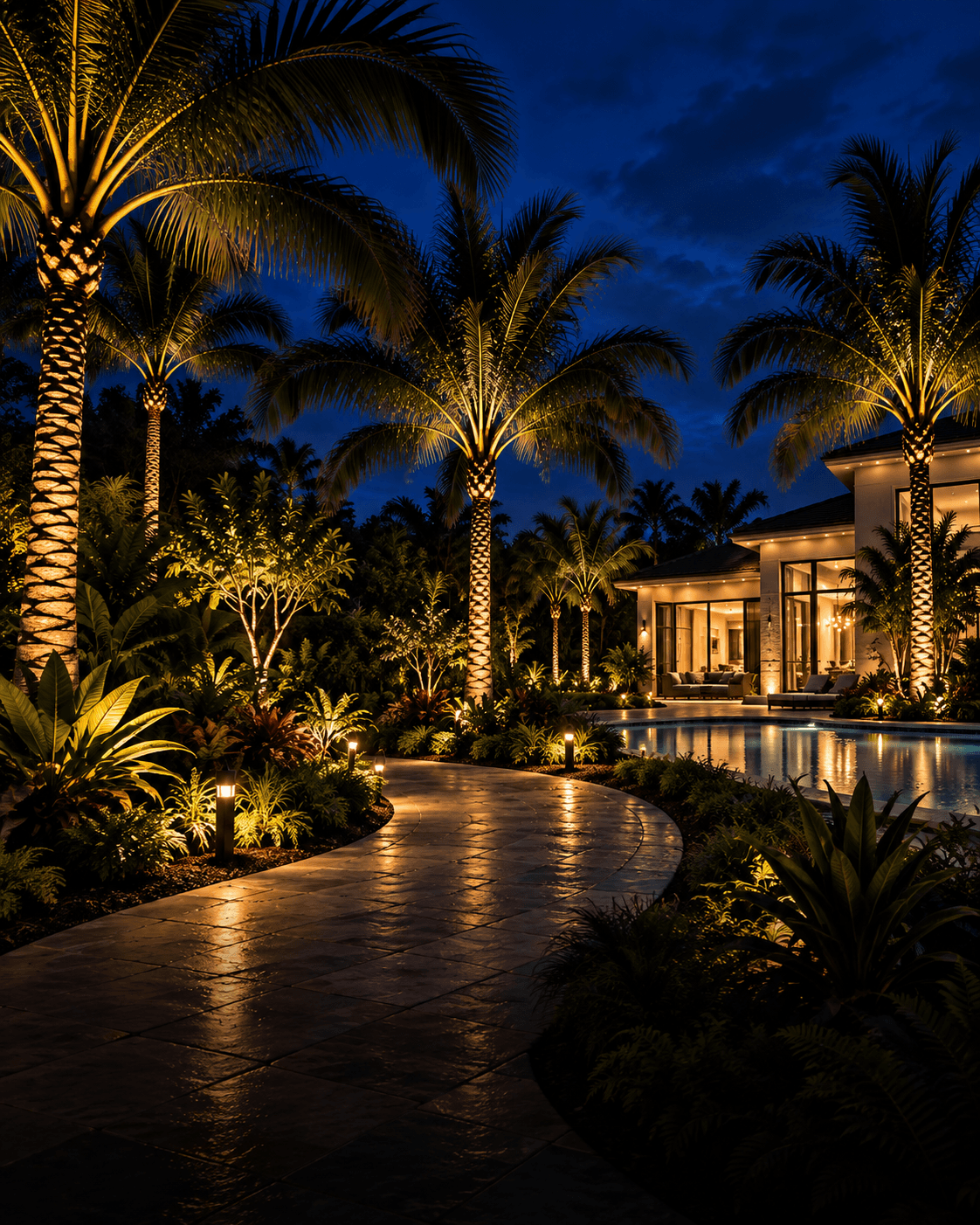 Uplit palms along a curving lit walkway at dusk, tropical planting picked out in warm light, a pool and lit house beyond.